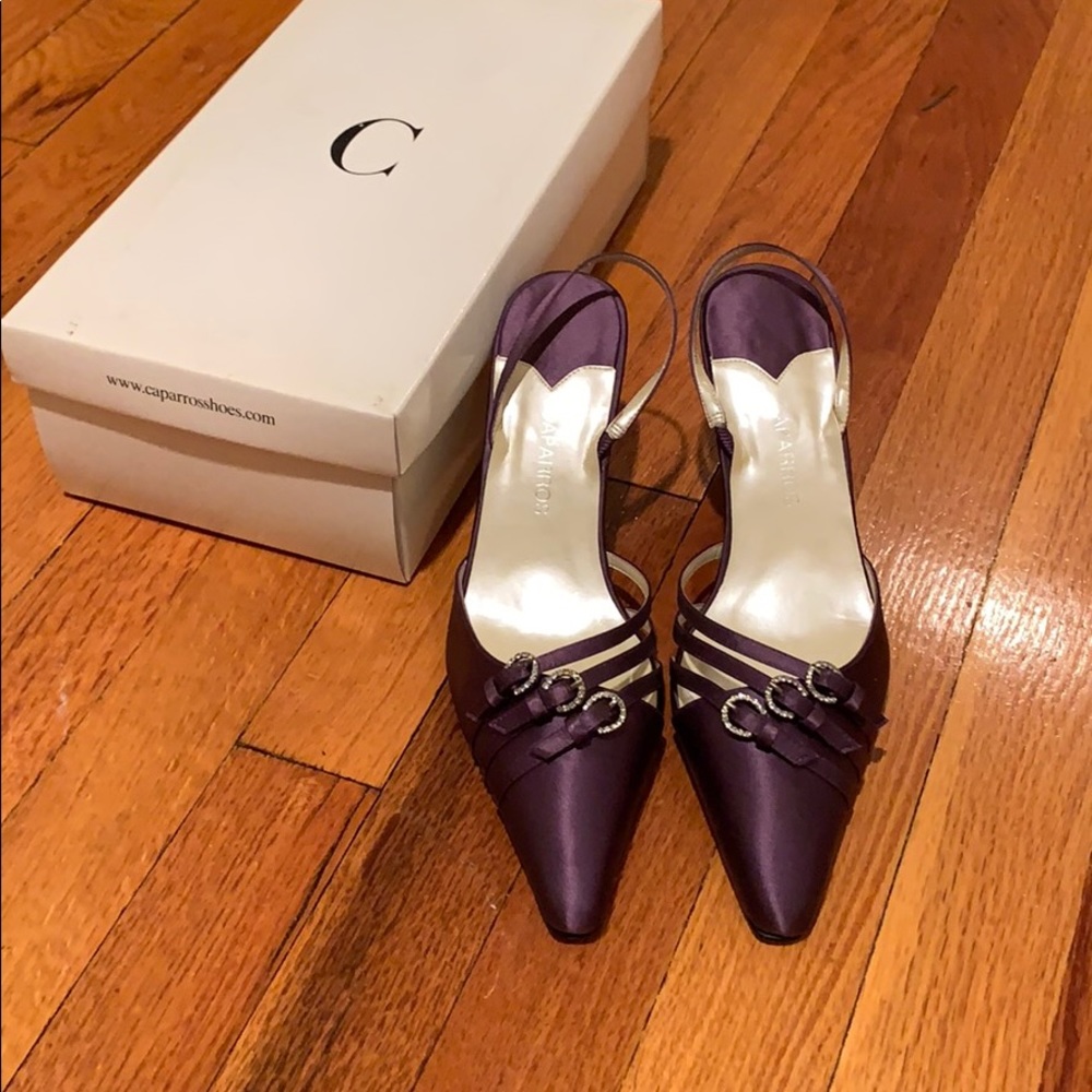 Purple satin party heels with buckle rhinestone